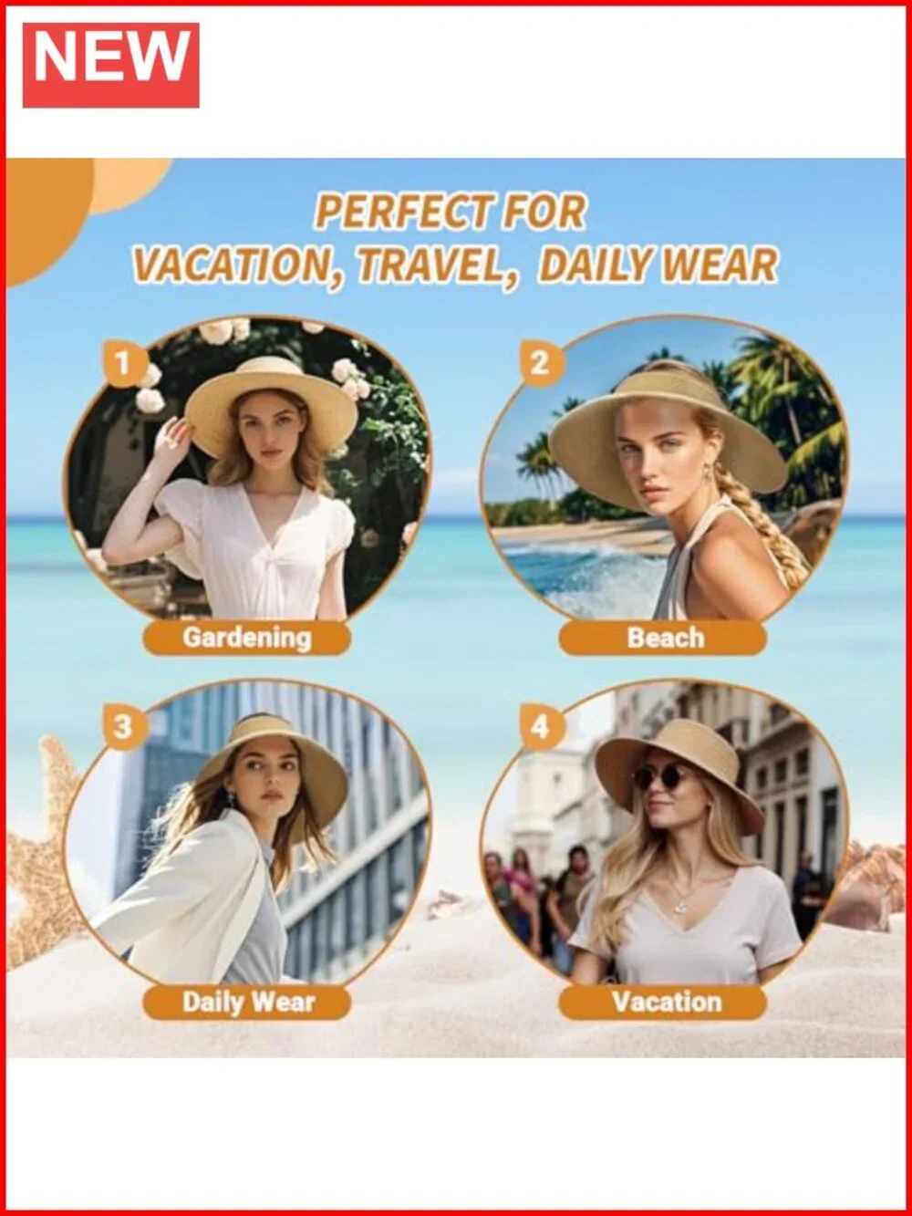 Wide Brim Straw Sun Visor Hat UPF 50+ Foldable Packable Ponytail Beach